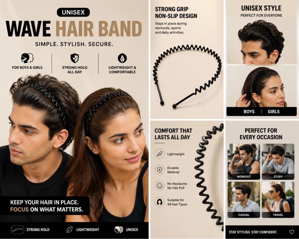 Black metal hairband unisex for men and women zigzag wavy hairband